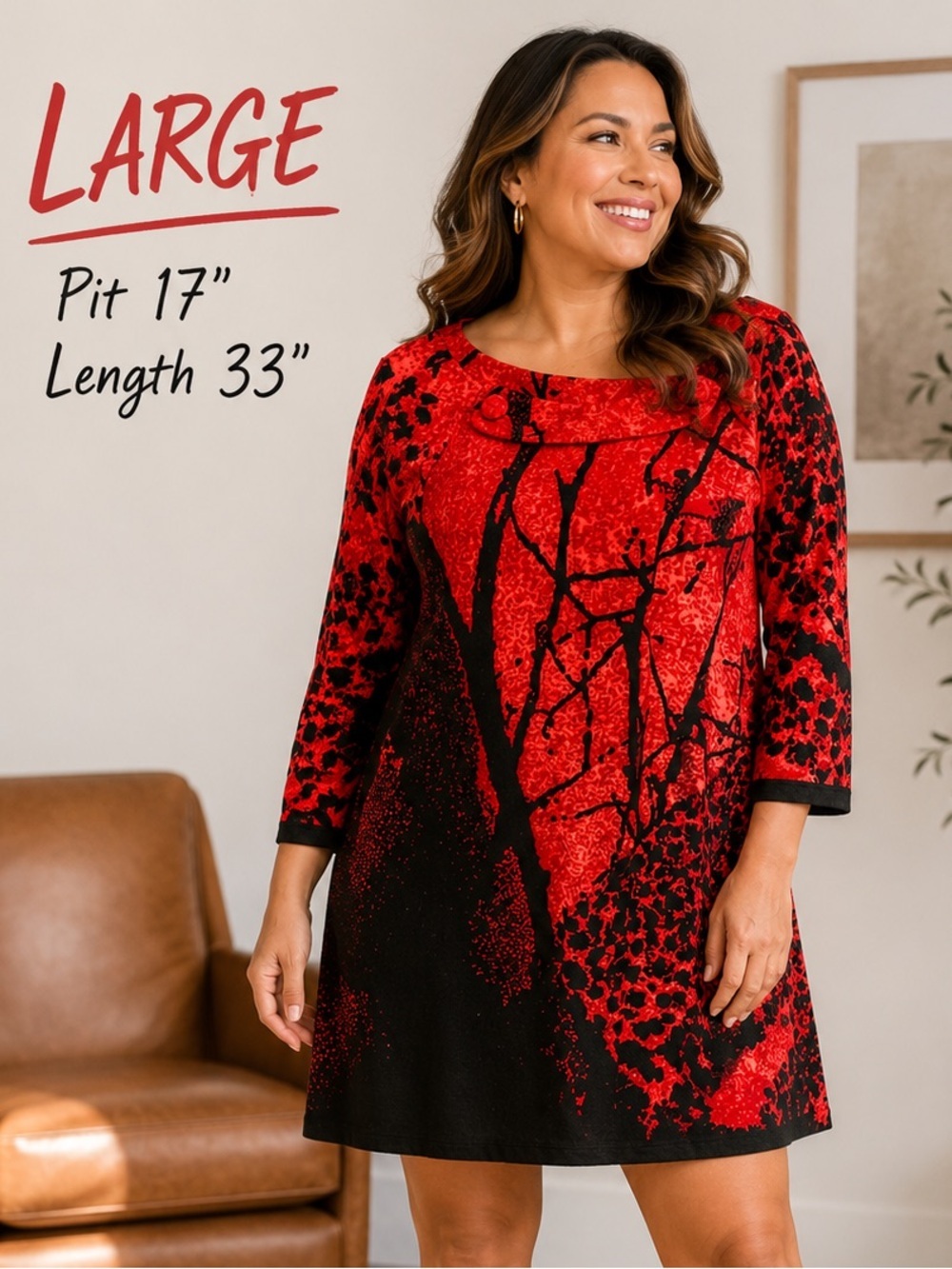 Aryeh Red and Black Patterned Long Sleeve Dress LARGE Pit 17”
Length 33”